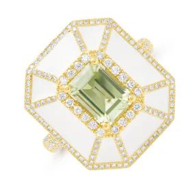 18KT Yellow Gold Green Amethyst White Enamel Diamond Deco Cocktail Ring