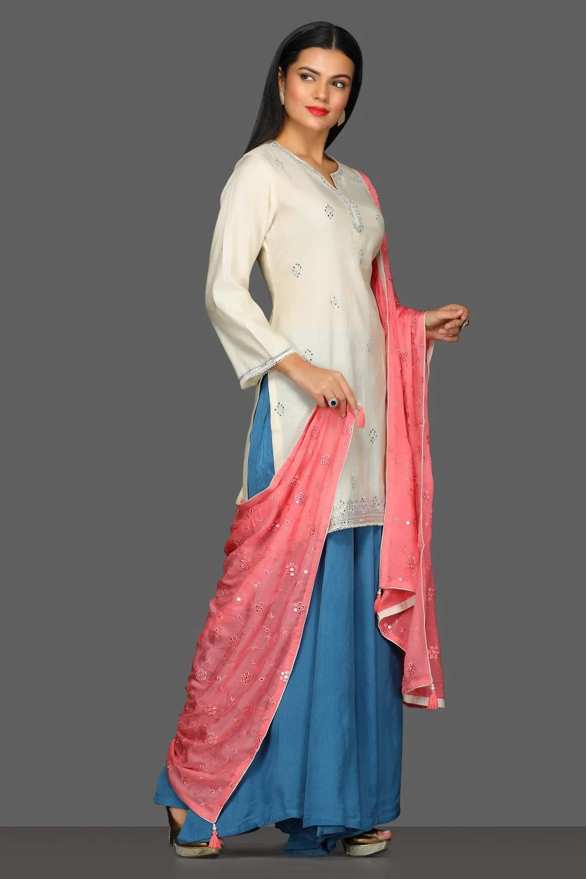 502583 Off White and Blue Embroidered Sharara Suit with Pink Dupatta