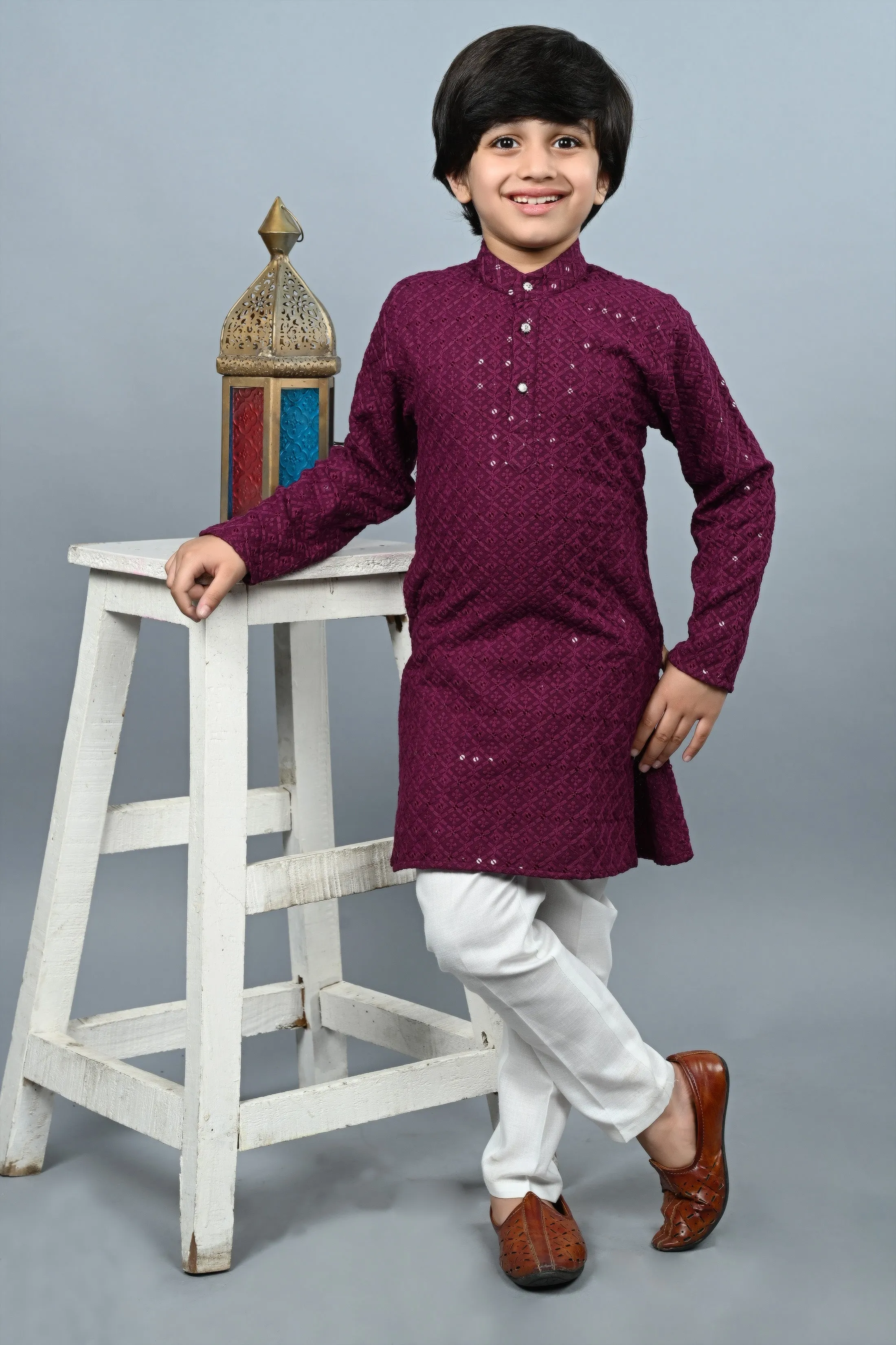 Ahhaaaa Kid's Full Sequin Embroidery Mirror Work Kurta with Pajama for Boys