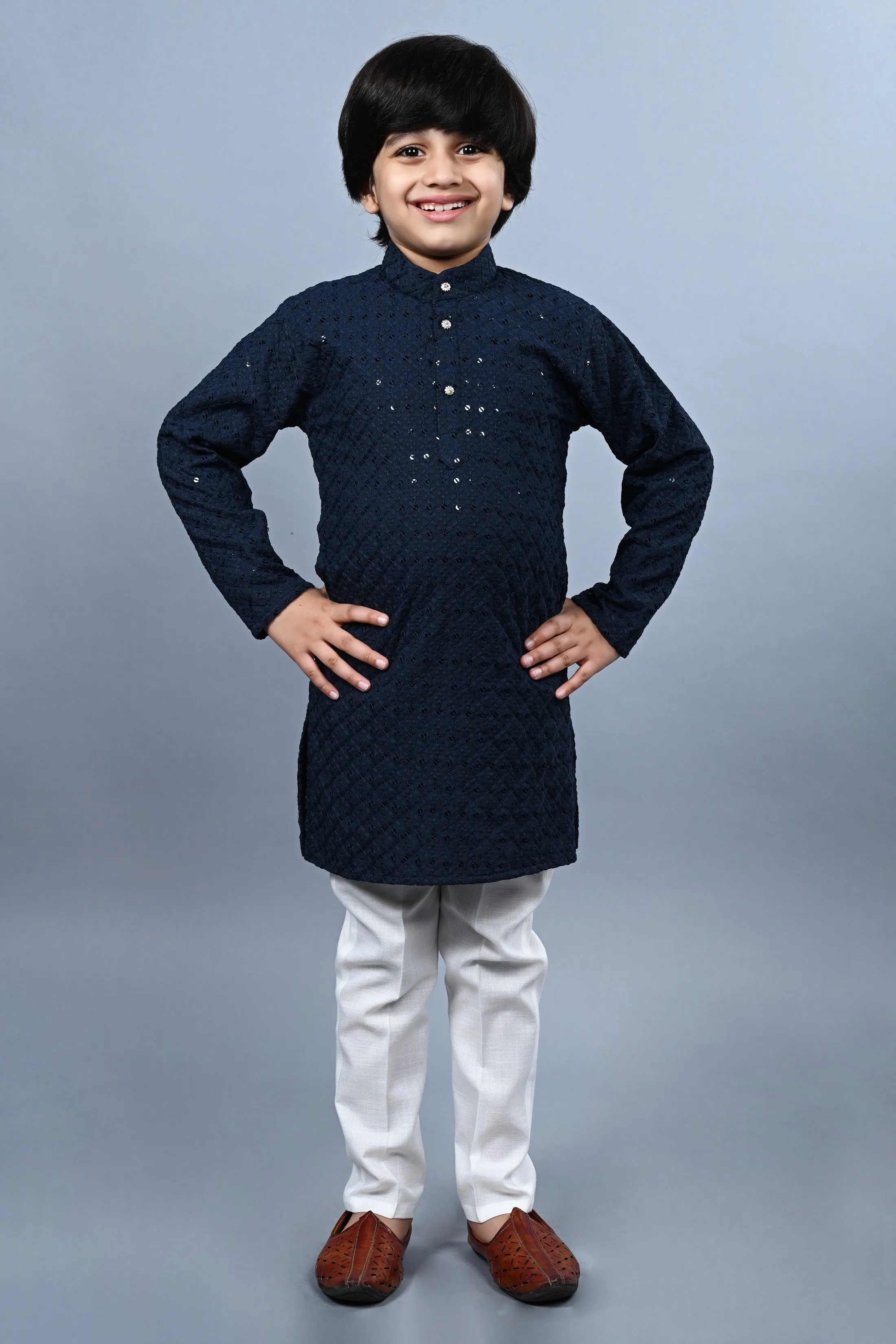 Ahhaaaa Kid's Full Sequin Embroidery Mirror Work Kurta with Pajama for Boys