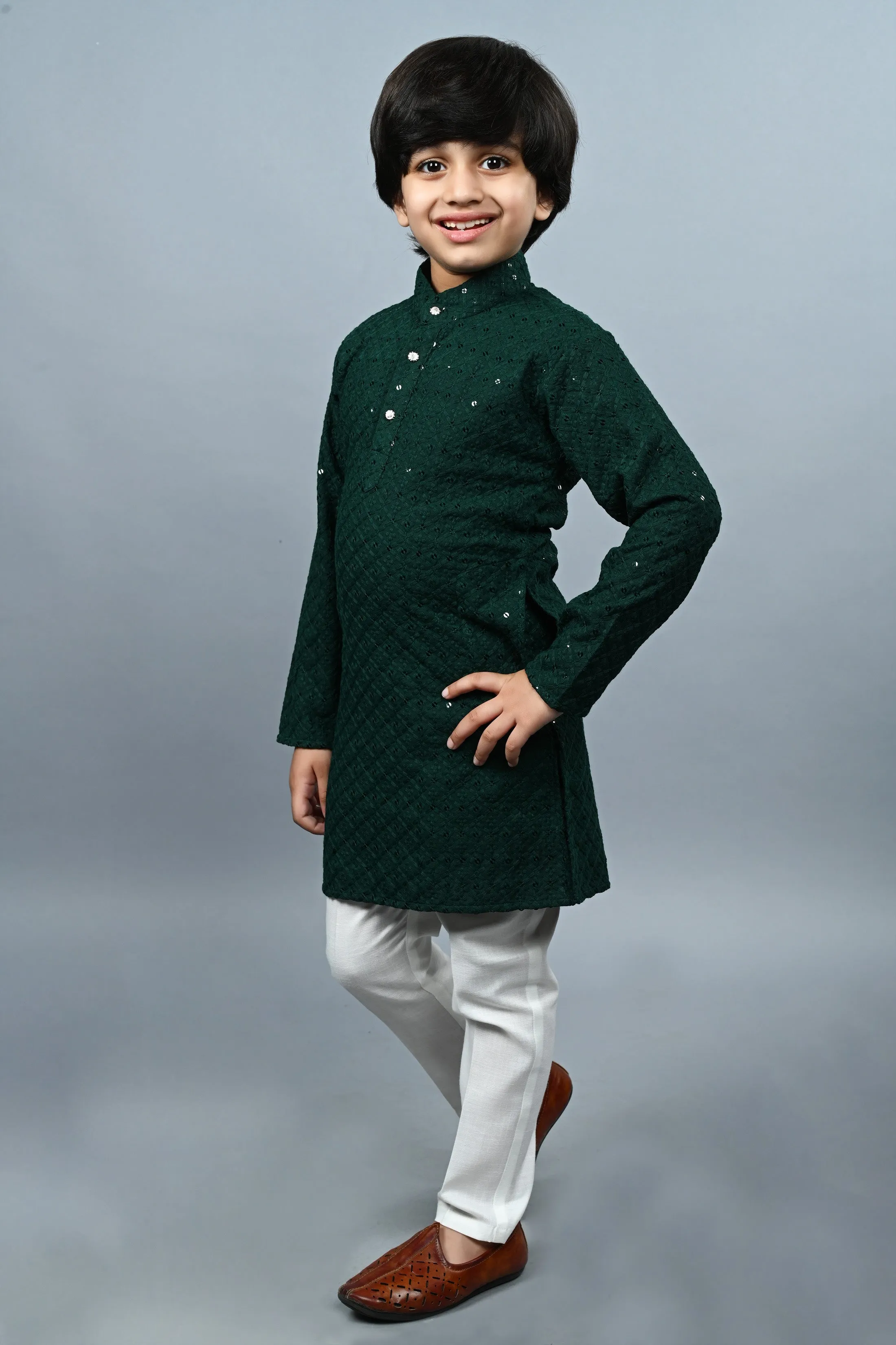 Ahhaaaa Kid's Full Sequin Embroidery Mirror Work Kurta with Pajama for Boys