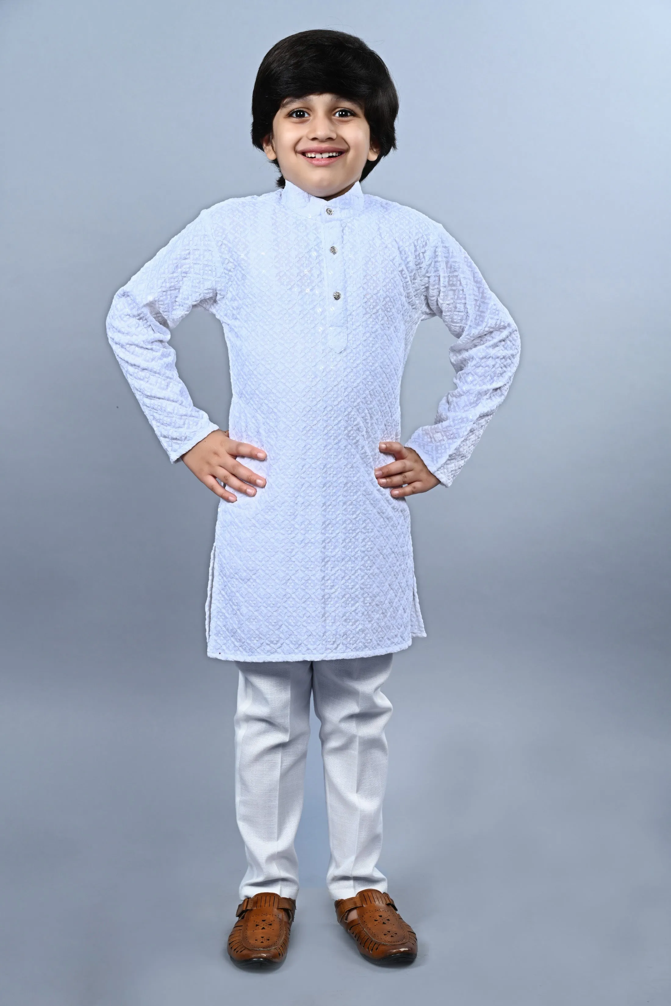 Ahhaaaa Kid's Full Sequin Embroidery Mirror Work Kurta with Pajama for Boys