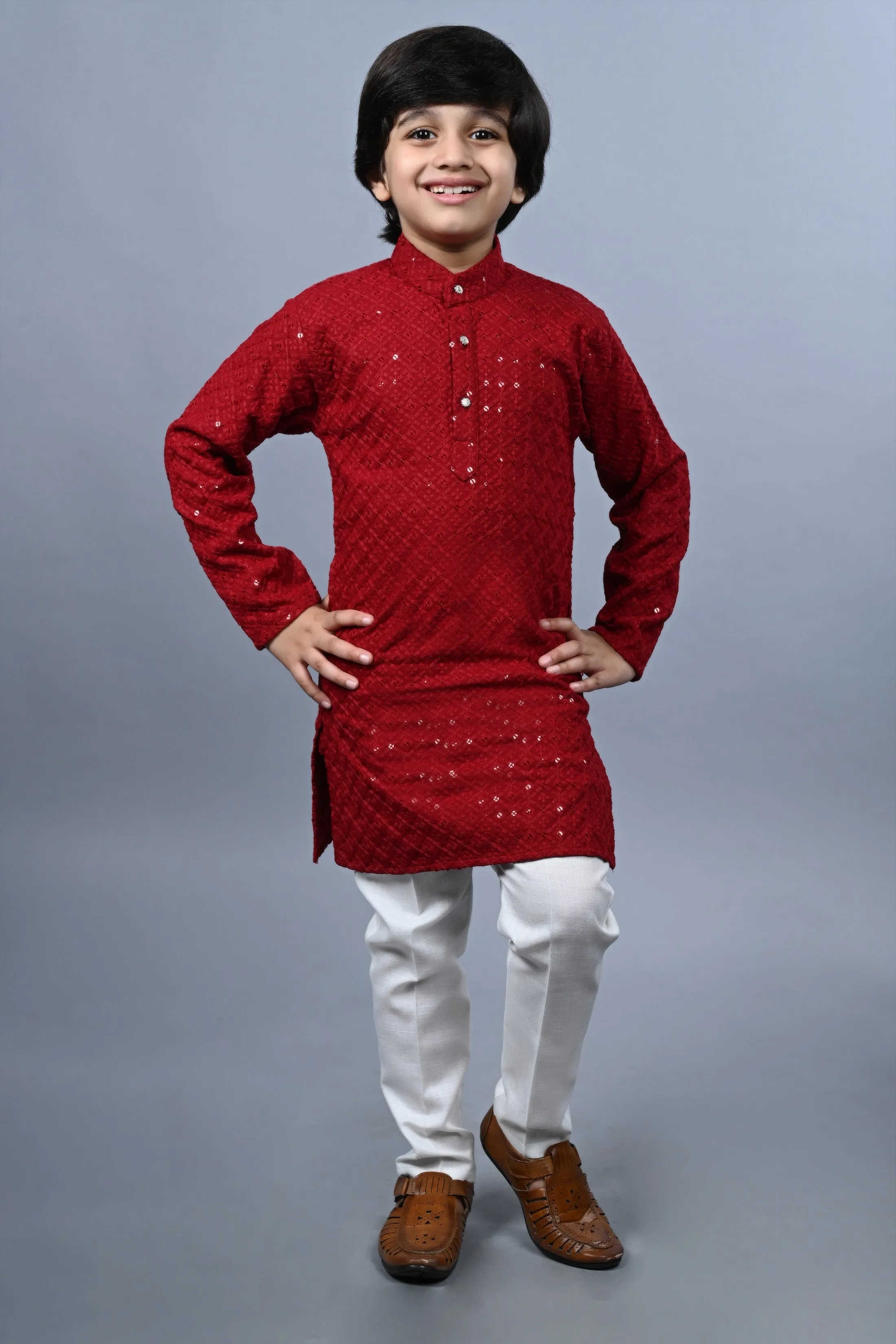 Ahhaaaa Kid's Full Sequin Embroidery Mirror Work Kurta with Pajama for Boys