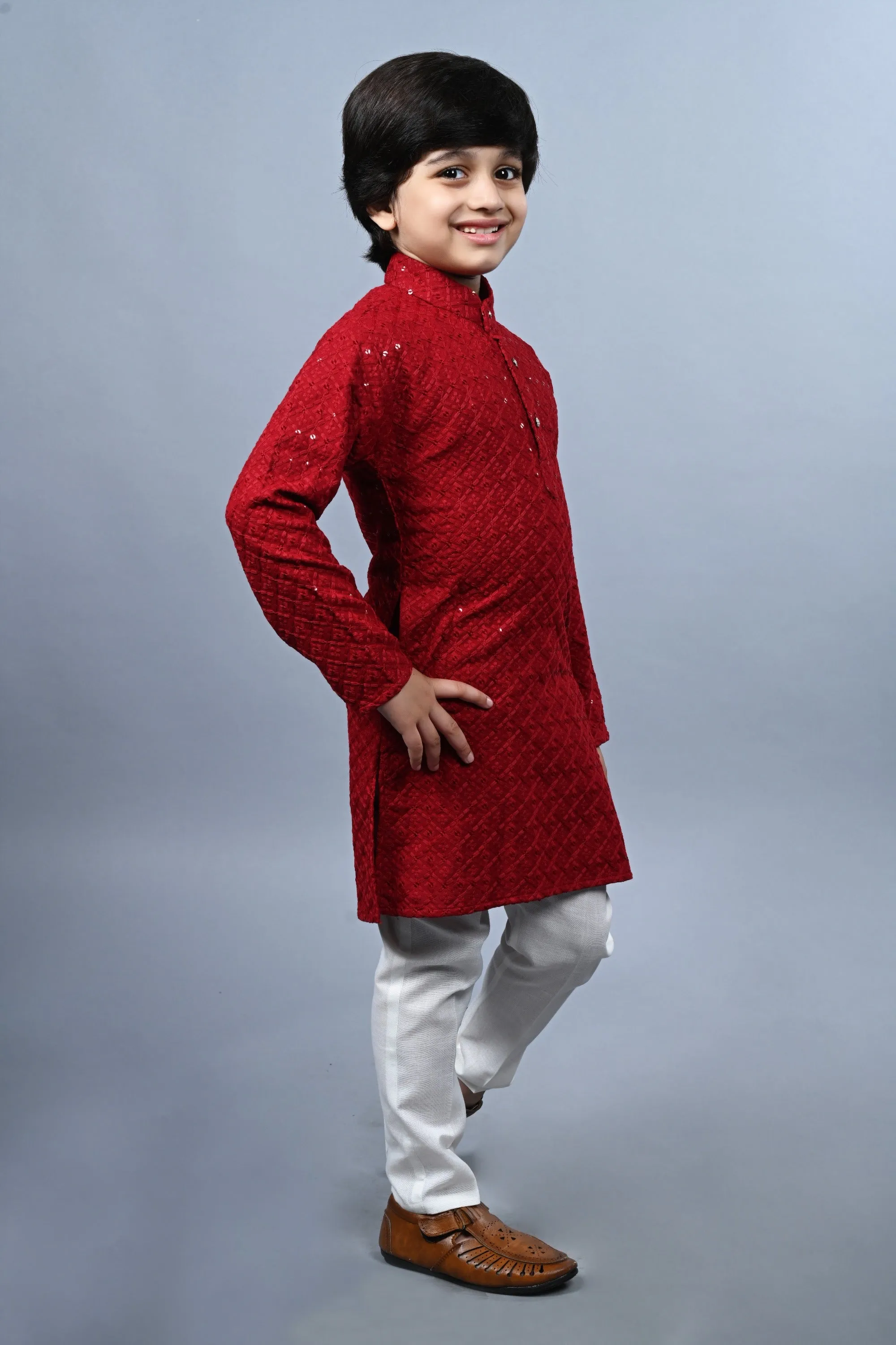 Ahhaaaa Kid's Full Sequin Embroidery Mirror Work Kurta with Pajama for Boys