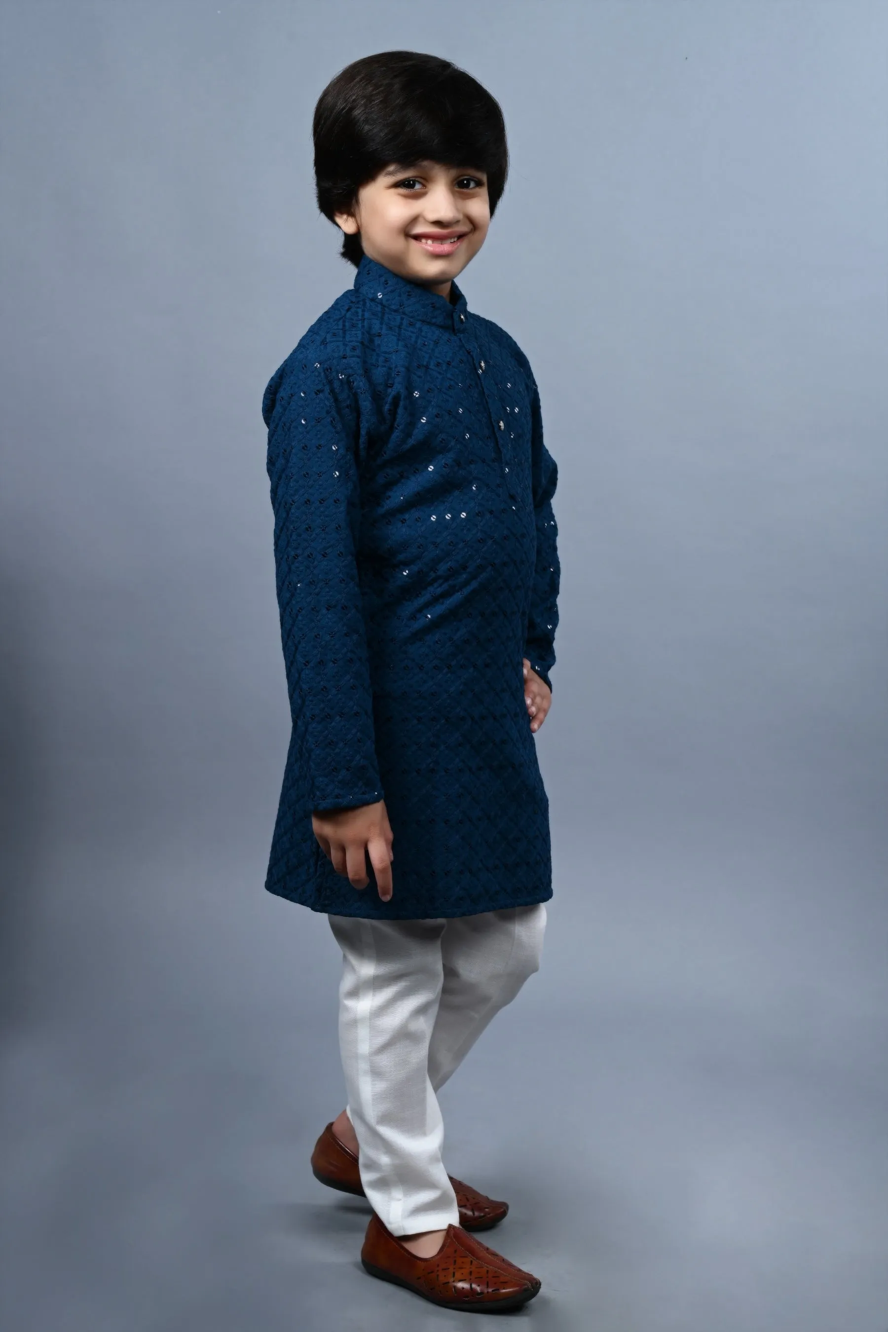 Ahhaaaa Kid's Full Sequin Embroidery Mirror Work Kurta with Pajama for Boys