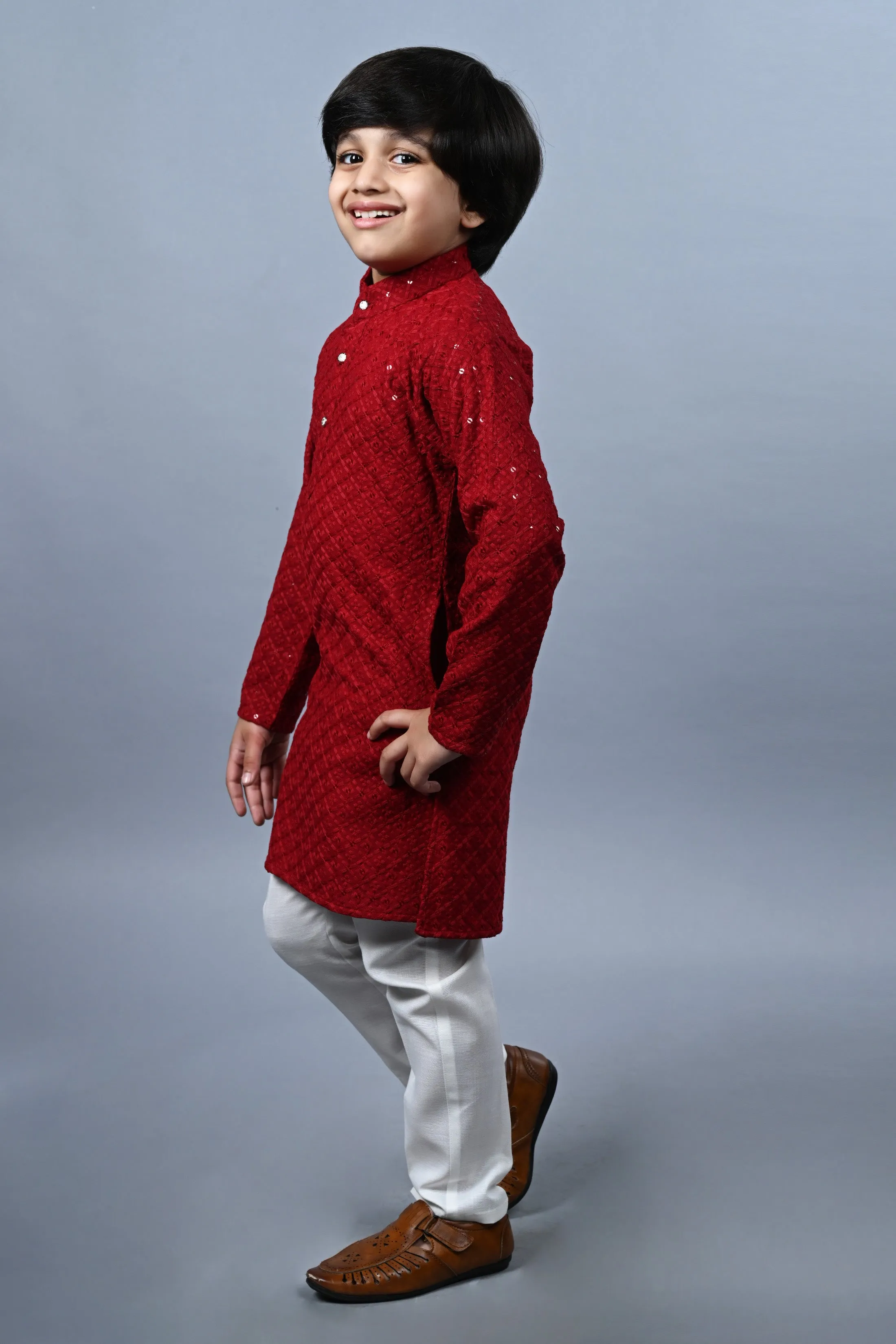 Ahhaaaa Kid's Full Sequin Embroidery Mirror Work Kurta with Pajama for Boys