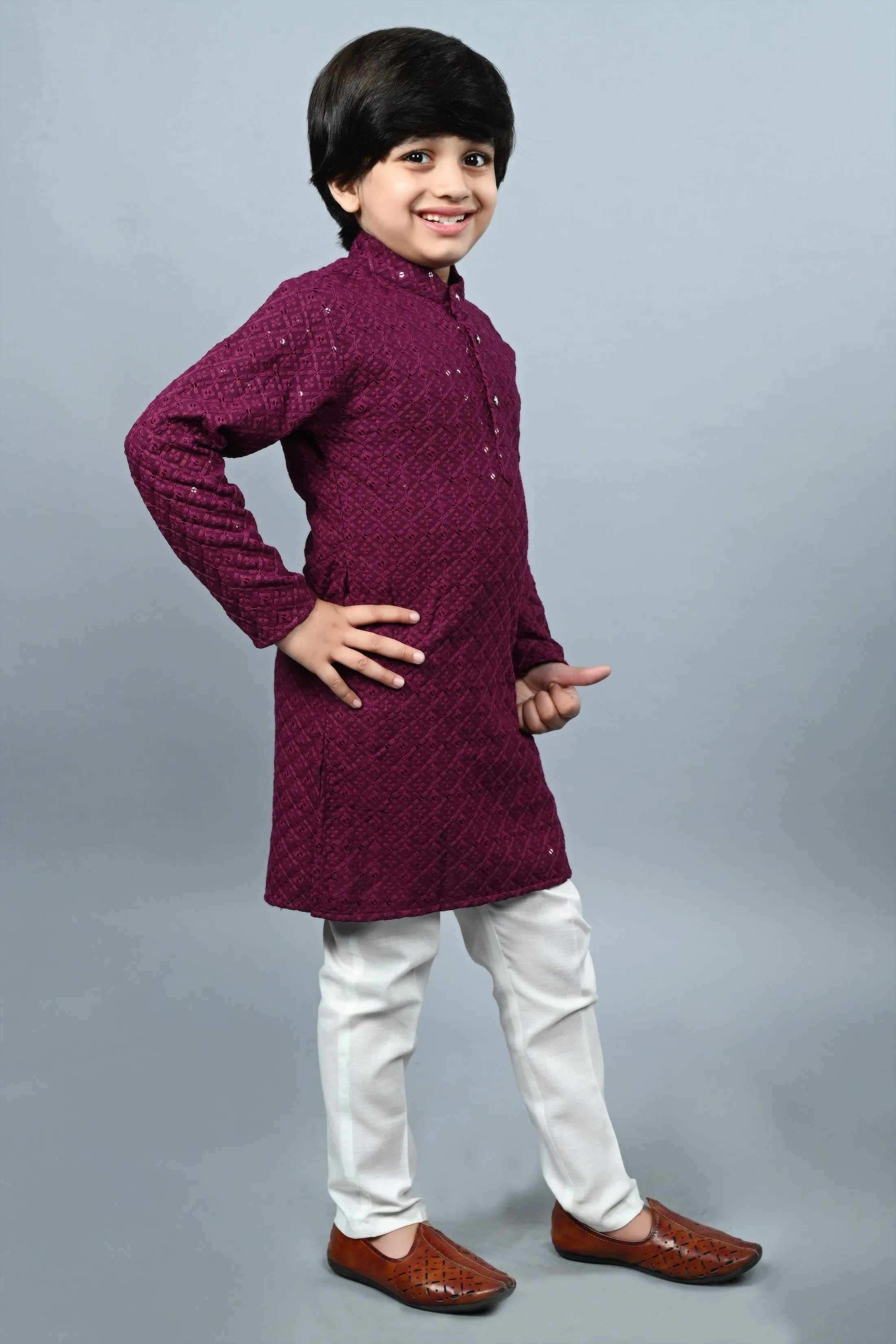 Ahhaaaa Kid's Full Sequin Embroidery Mirror Work Kurta with Pajama for Boys