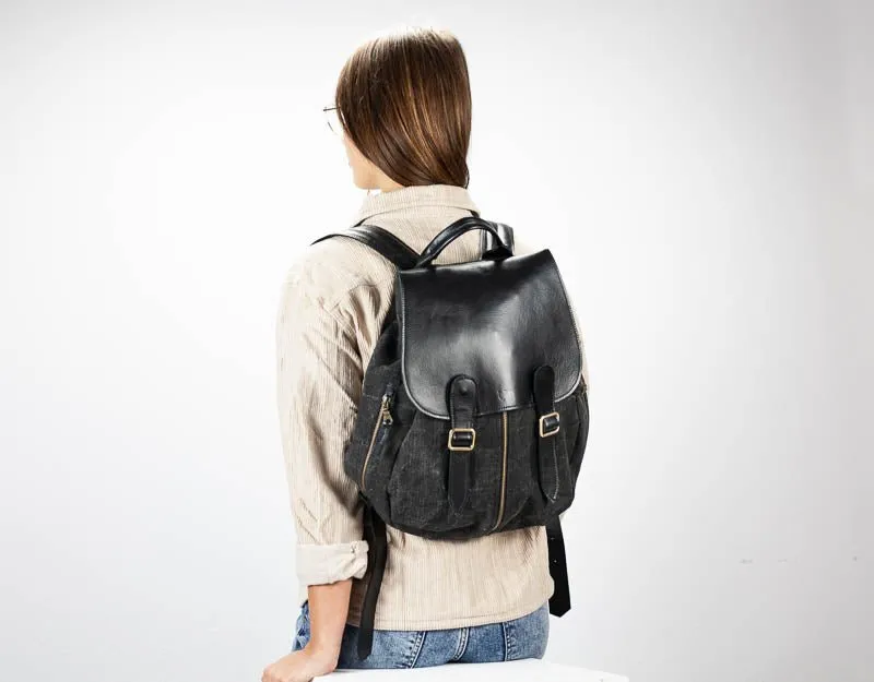 Artemis backpack - Black washed canvas and Black leather