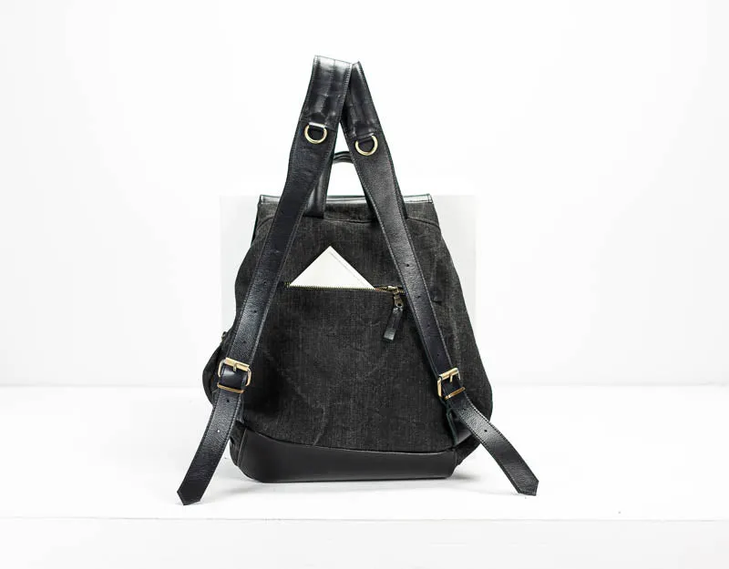 Artemis backpack - Black washed canvas and Black leather