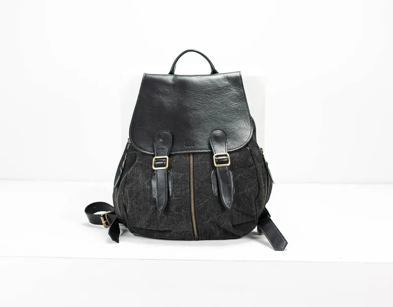 Artemis backpack - Black washed canvas and Black leather