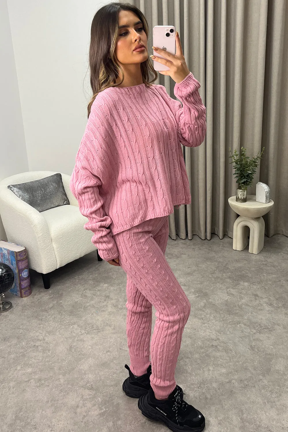 Aspens Pink Cable Knit Batwing Jumper and Leggings Loungewear Set