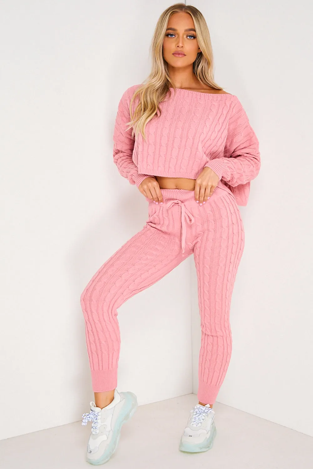 Aspens Pink Cable Knit Batwing Jumper and Leggings Loungewear Set