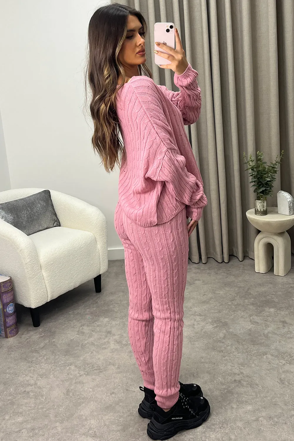 Aspens Pink Cable Knit Batwing Jumper and Leggings Loungewear Set