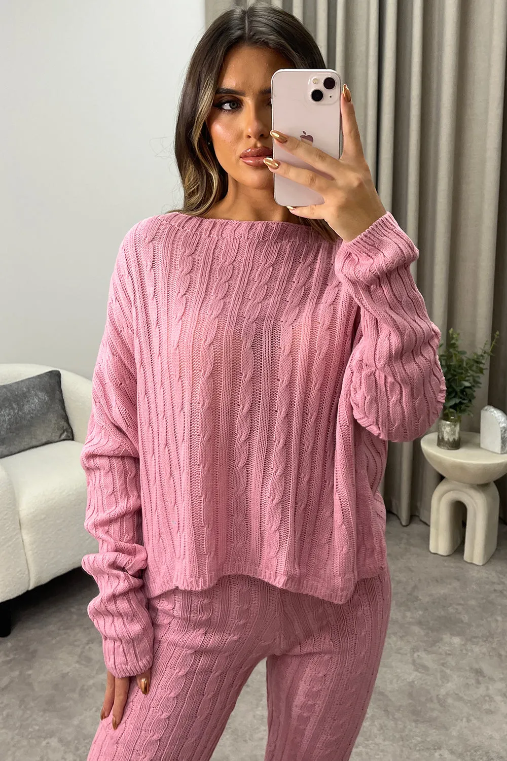 Aspens Pink Cable Knit Batwing Jumper and Leggings Loungewear Set