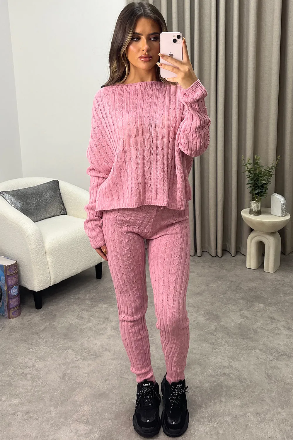 Aspens Pink Cable Knit Batwing Jumper and Leggings Loungewear Set