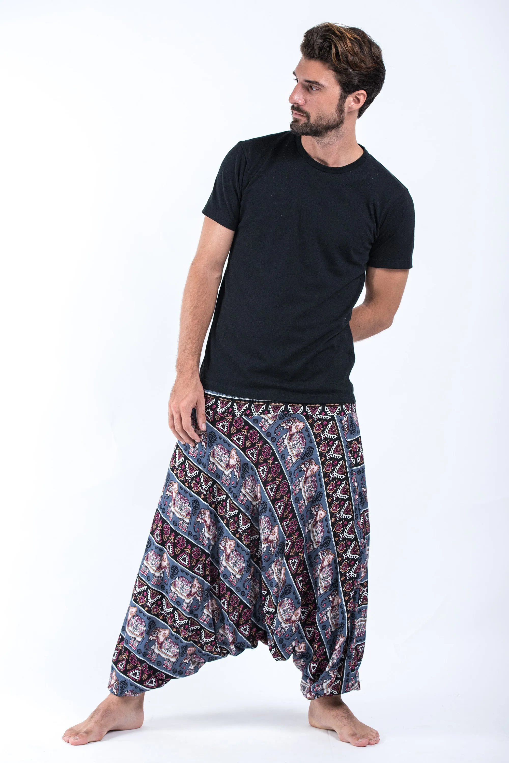 Aztec Elephant Drop Crotch Men's Elephant Pants in Gray