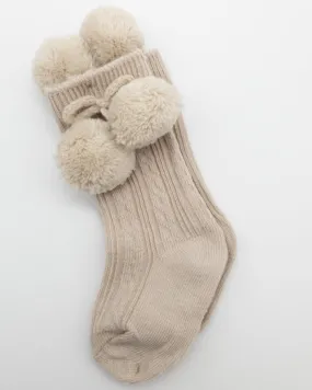 Beige Knee High Ribbed Pom Pom Socks