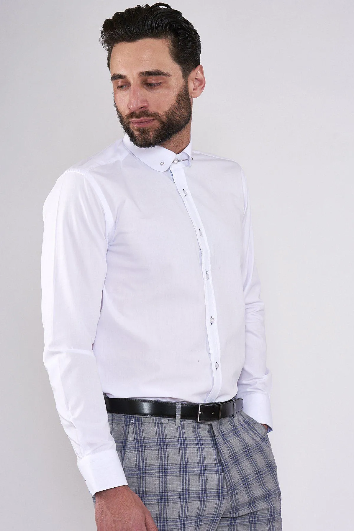 BENSON - White Penny Collar Shirt With Collar Bar