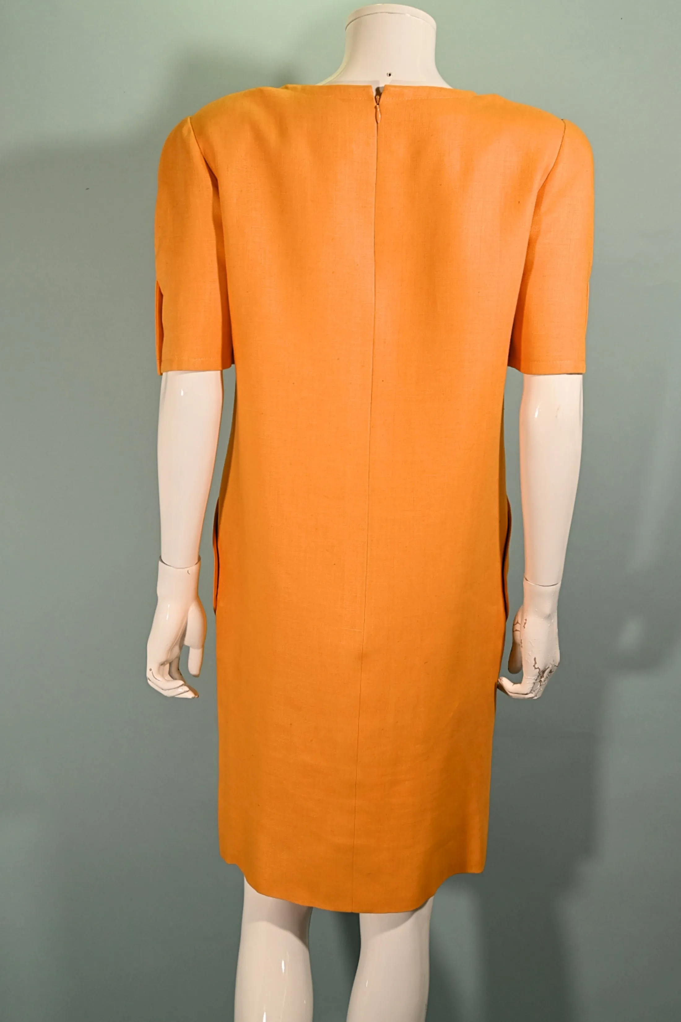 Bill Blass 1970s Linen Dress, Yellow Shift Dress Round Pockets 10