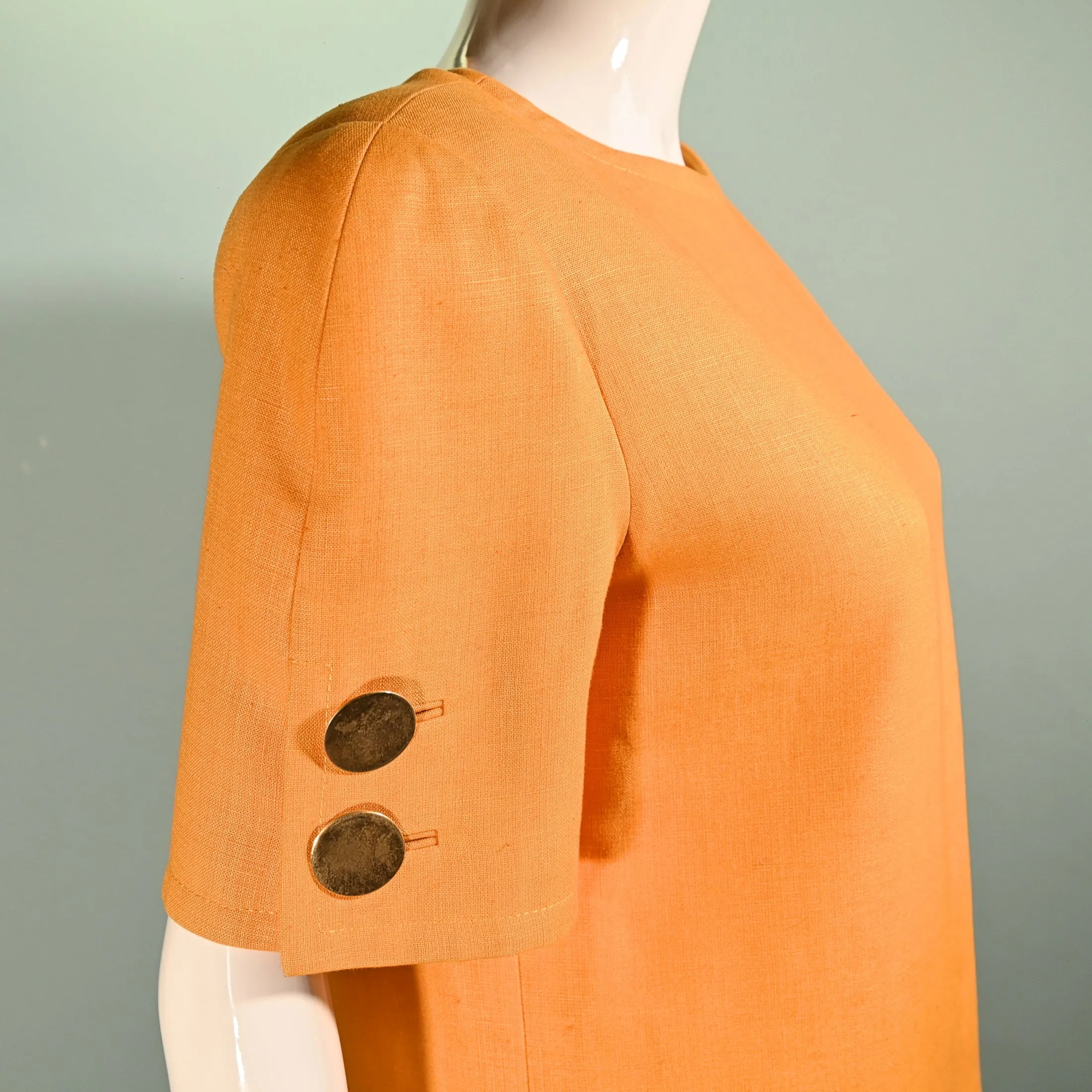 Bill Blass 1970s Linen Dress, Yellow Shift Dress Round Pockets 10