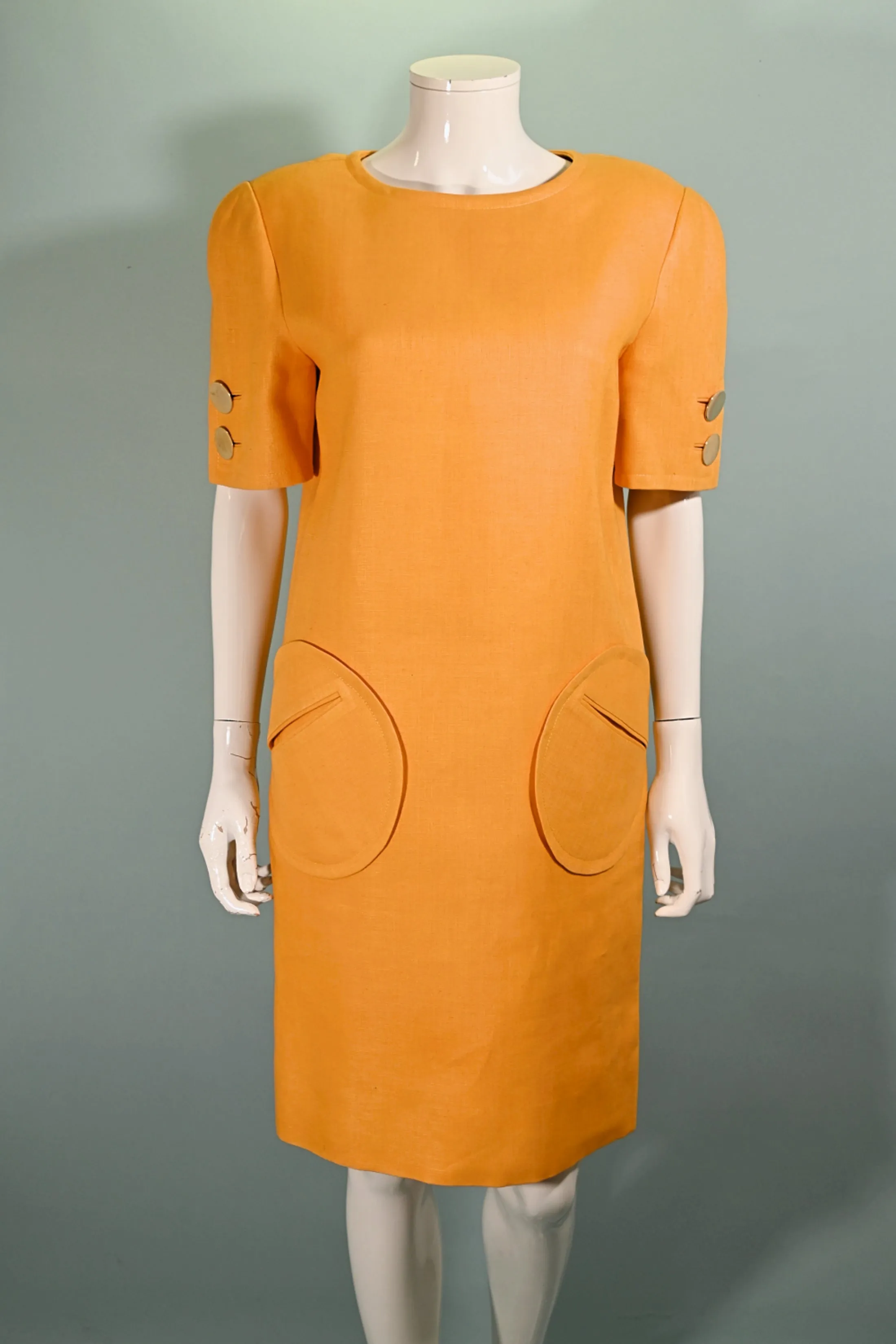 Bill Blass 1970s Linen Dress, Yellow Shift Dress Round Pockets 10