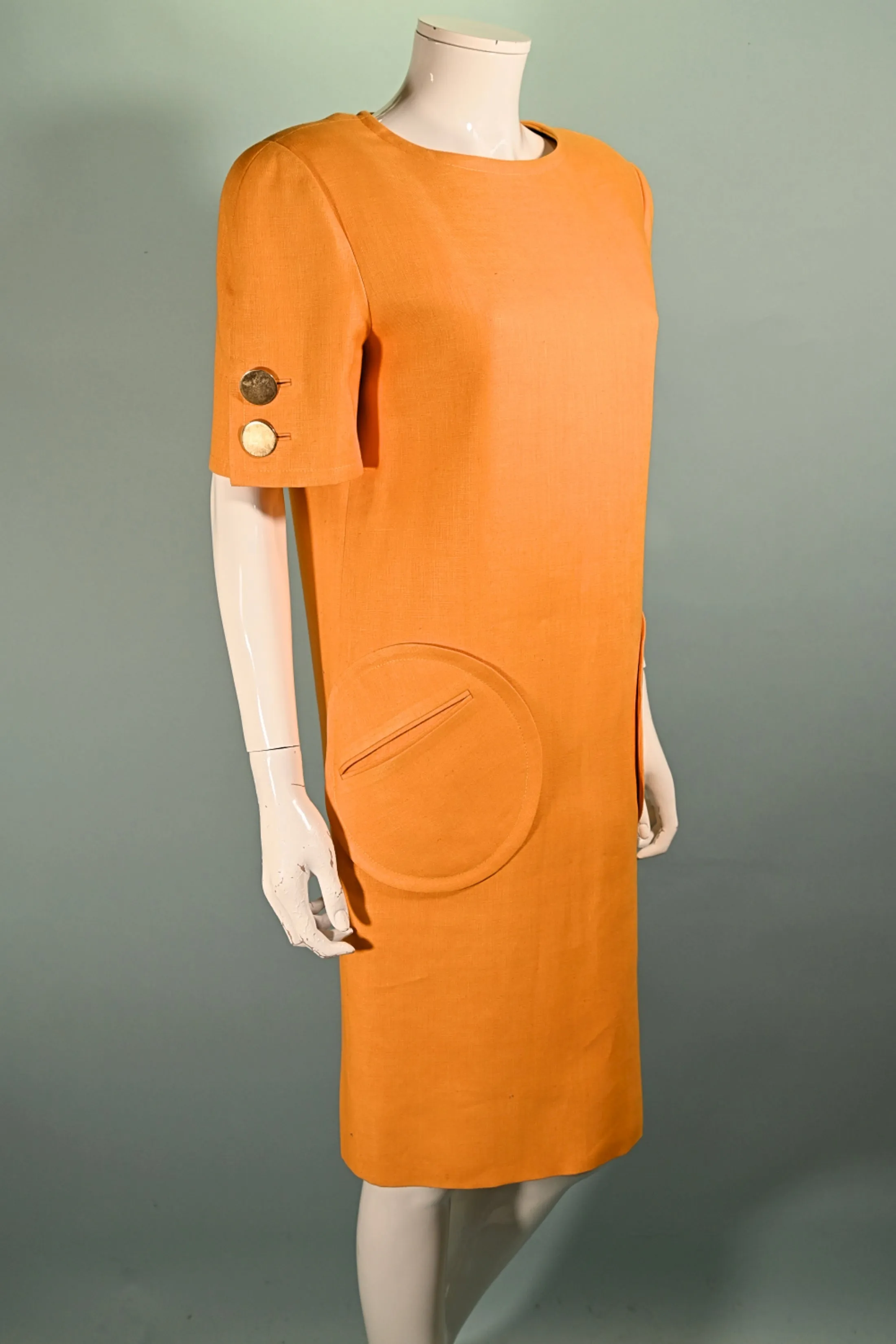 Bill Blass 1970s Linen Dress, Yellow Shift Dress Round Pockets 10