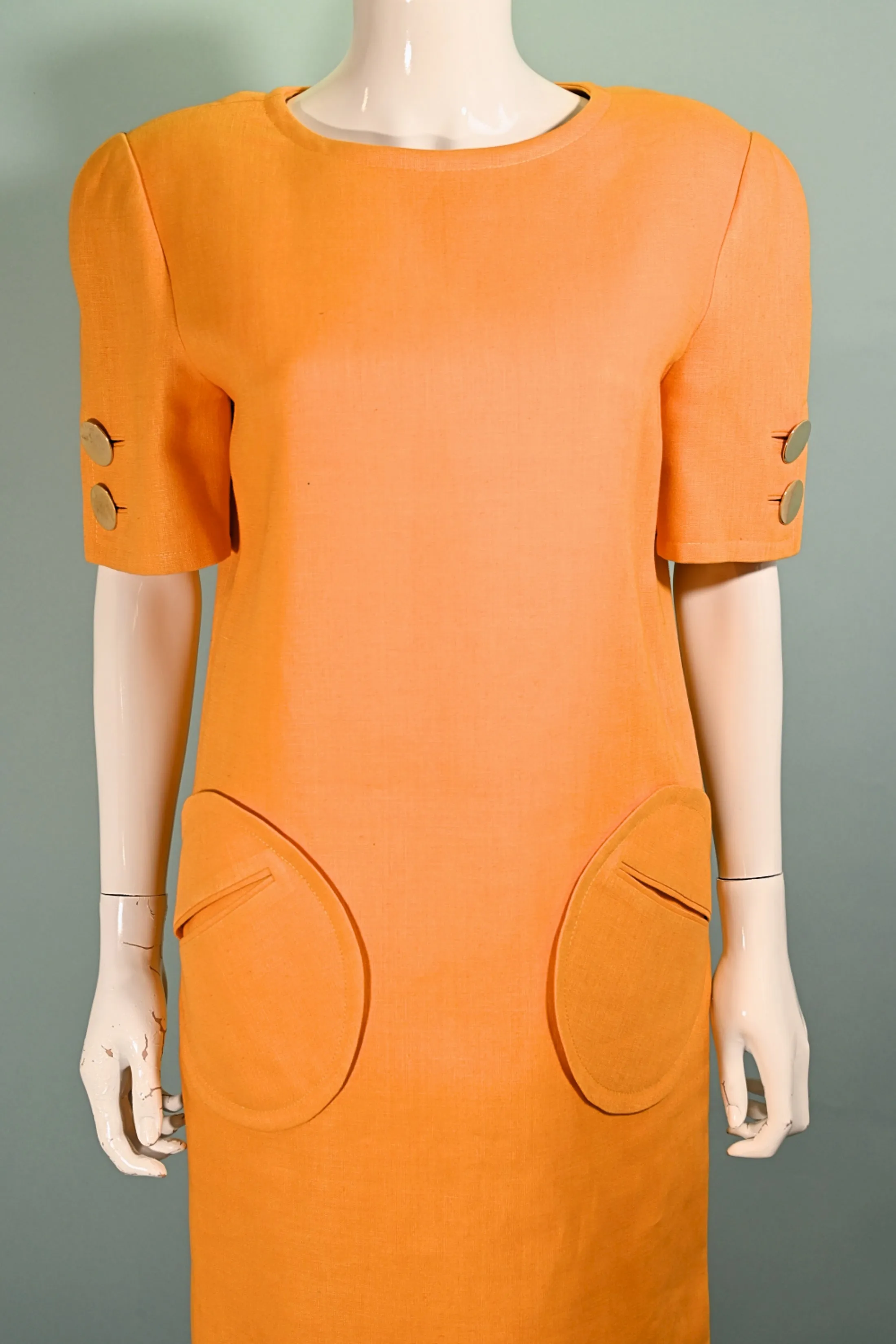 Bill Blass 1970s Linen Dress, Yellow Shift Dress Round Pockets 10