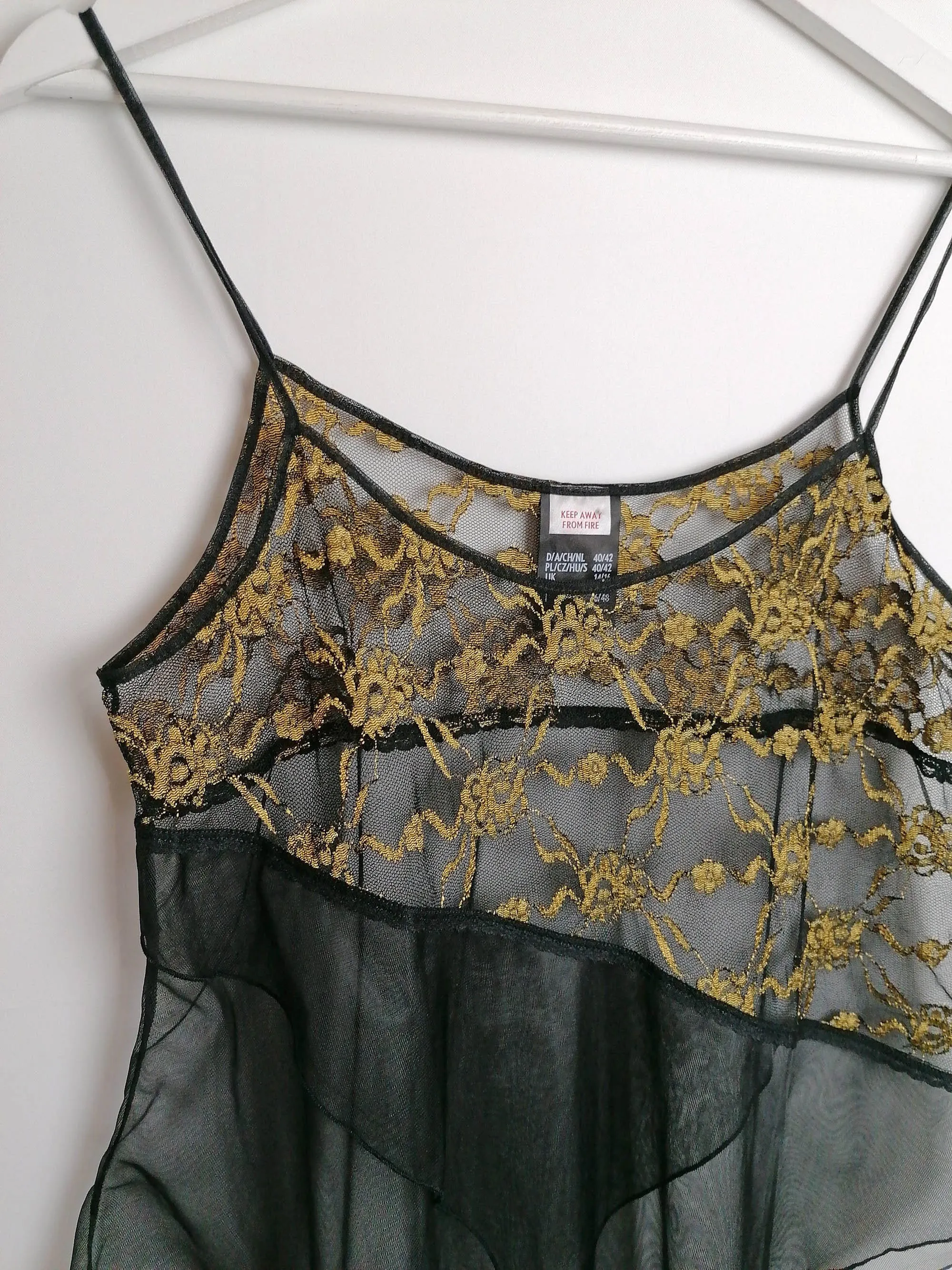 Black and Gold Sheer Tulle Lingerie Set - size M-L / UK 14