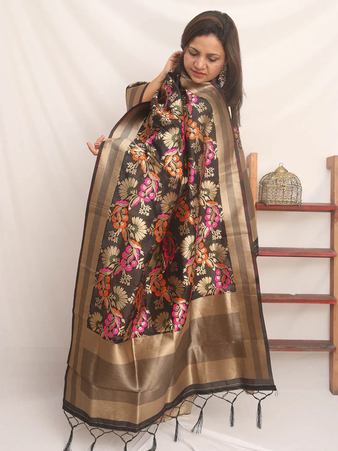 Black Banarasi Silk Meenakari Dupatta