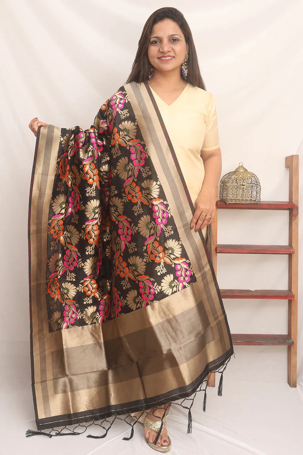 Black Banarasi Silk Meenakari Dupatta