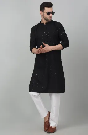 Black Cotton Embroidered Kurta & Pant Set-Rent