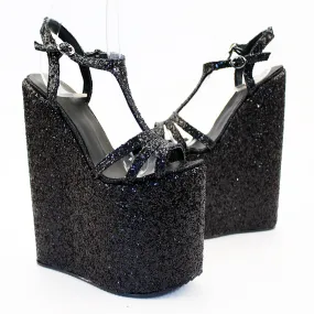 Black Glitter Strap High Platform Wedge Shoes