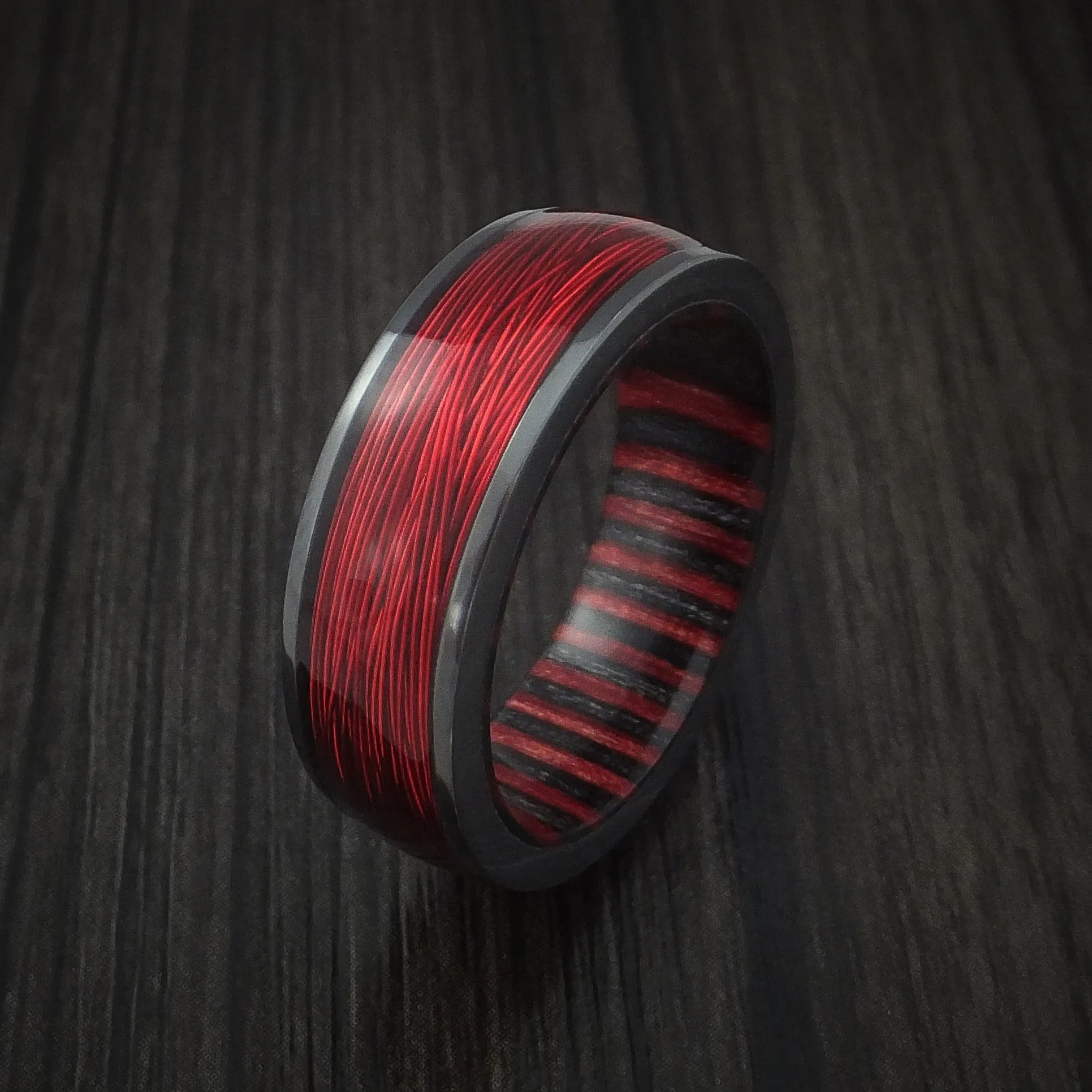 Black Titanium and Wire Men's Ring with Applejack Wood Sleeve Custom Made