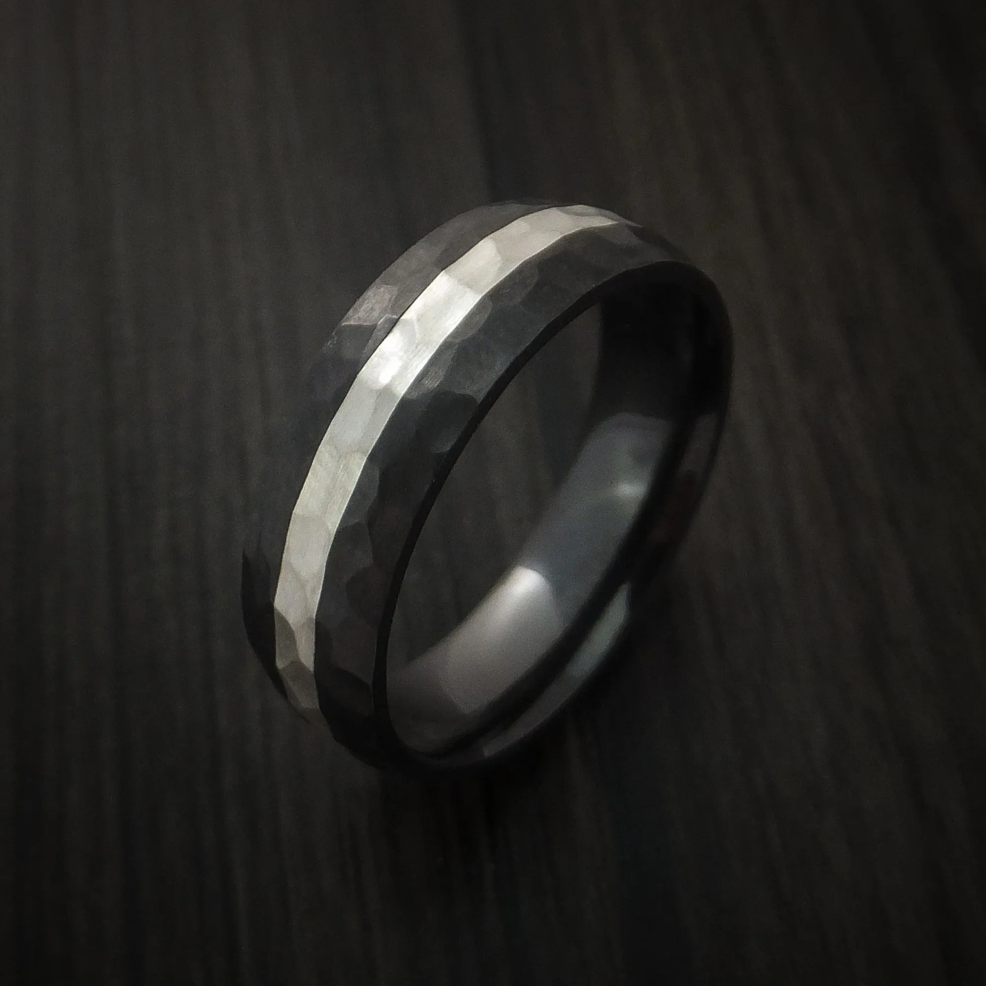 Black Zirconium Hammer Finish Band Palladium Silver Inlay Men's Ring