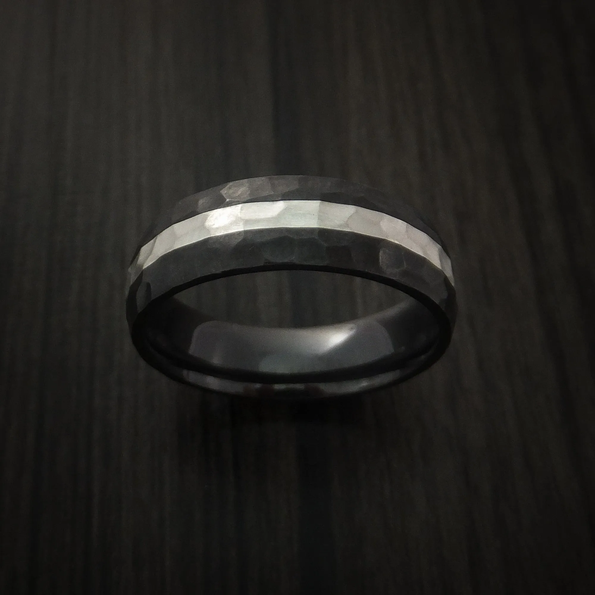 Black Zirconium Hammer Finish Band Palladium Silver Inlay Men's Ring