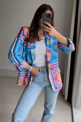 Blue and Pink Scarf Print Blazer