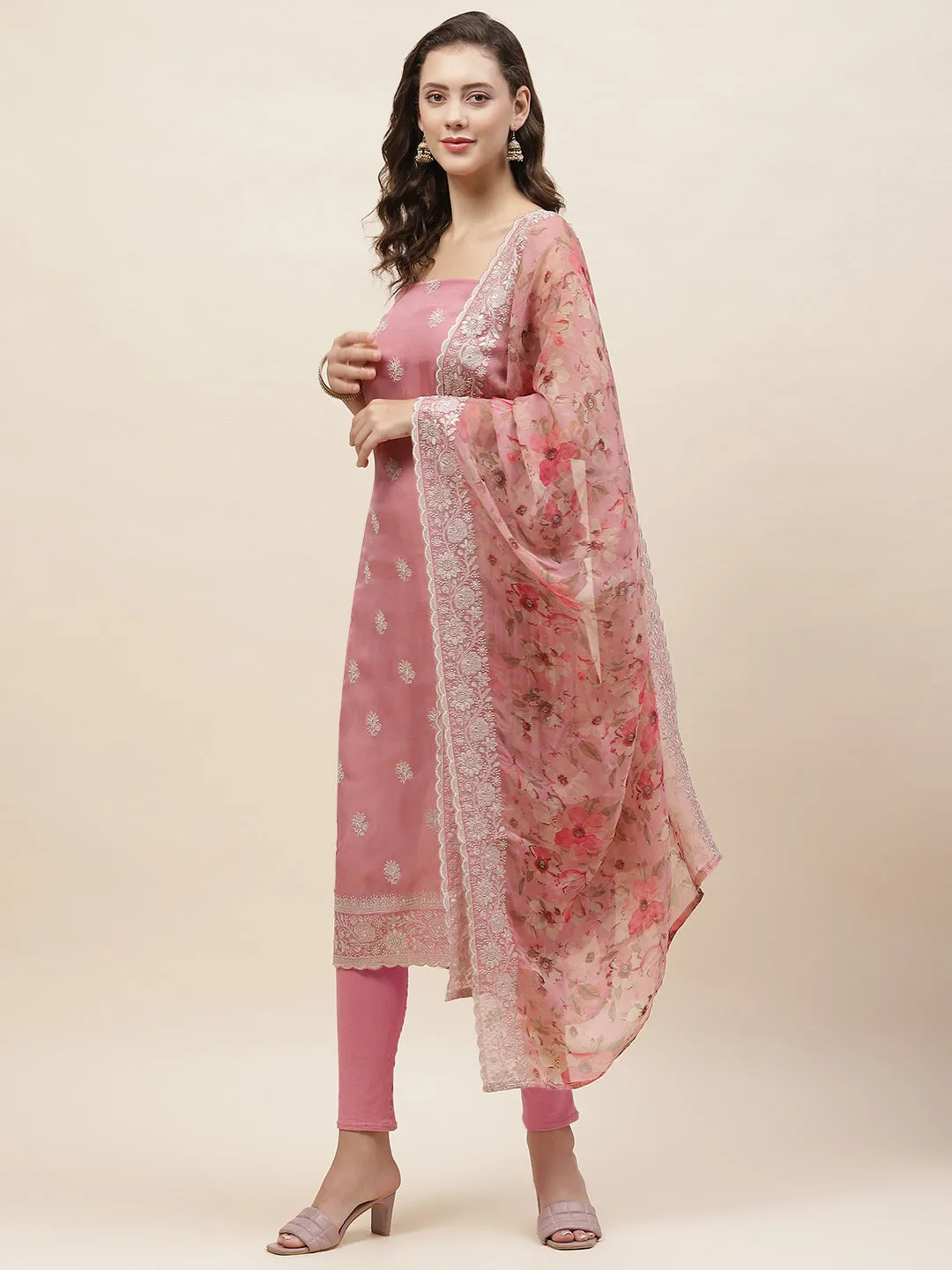 Booti Embroidered Organza Unstitched Suit Piece With Dupatta