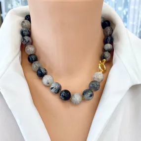 Chunky Black Tourmaline Rutilated Quartz Candy Necklace, Gold Vermeil Marine Clasp, 18.5inches