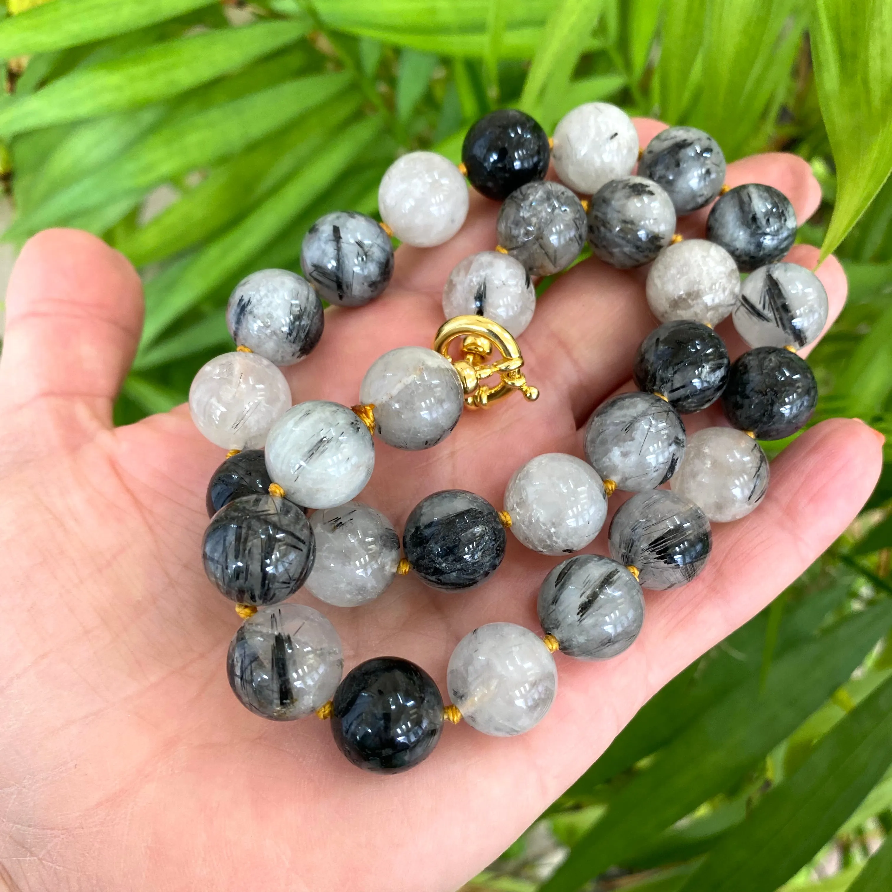 Chunky Black Tourmaline Rutilated Quartz Candy Necklace, Gold Vermeil Marine Clasp, 18.5inches