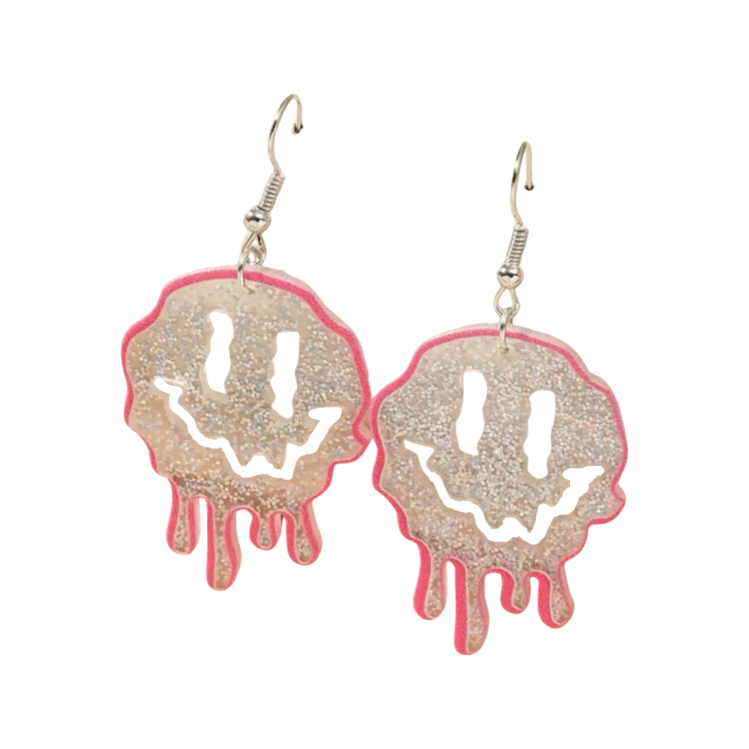 Earrings - Glitter Pink Dripping Smiley drops