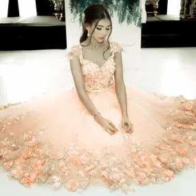 Elegant Handmade Flower Beaded Tulle Coral Pink Homecoming Dresses