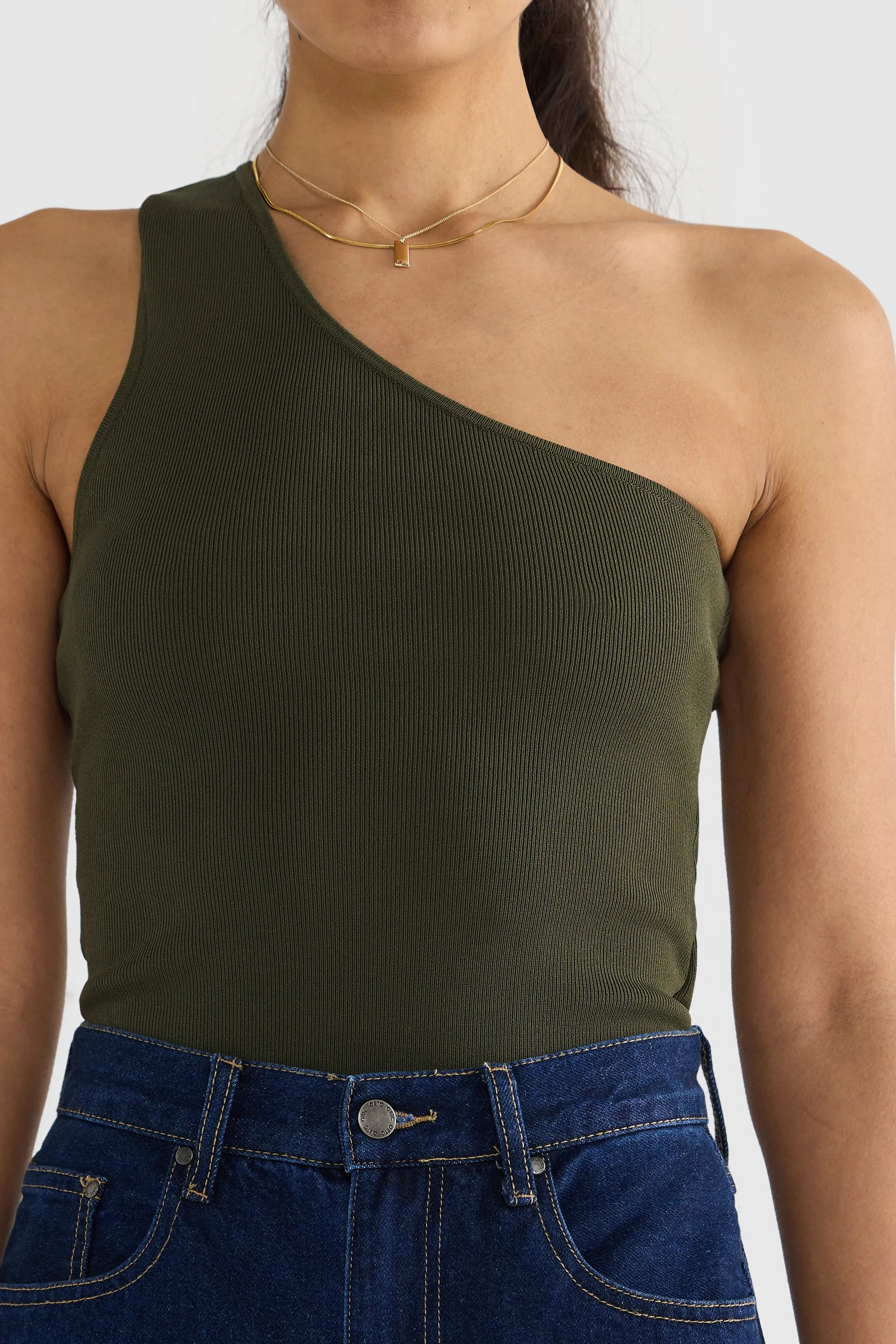 Hadley One Shoulder Knit Top Moss