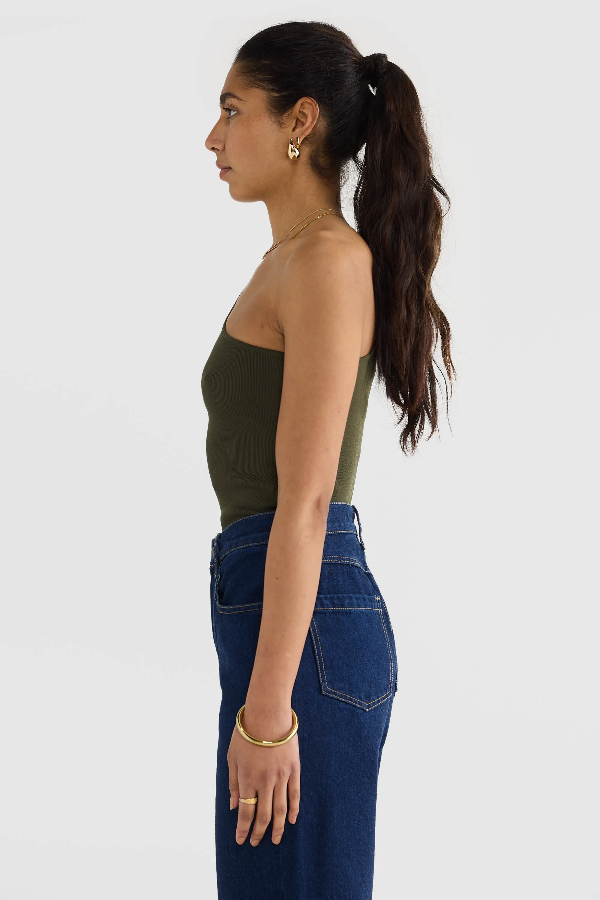 Hadley One Shoulder Knit Top Moss