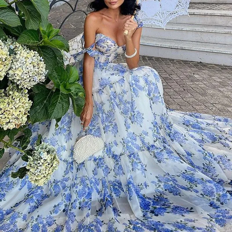 Hydrangea Provencal Blue Floral Maxi Tie Strap Fairy Dress