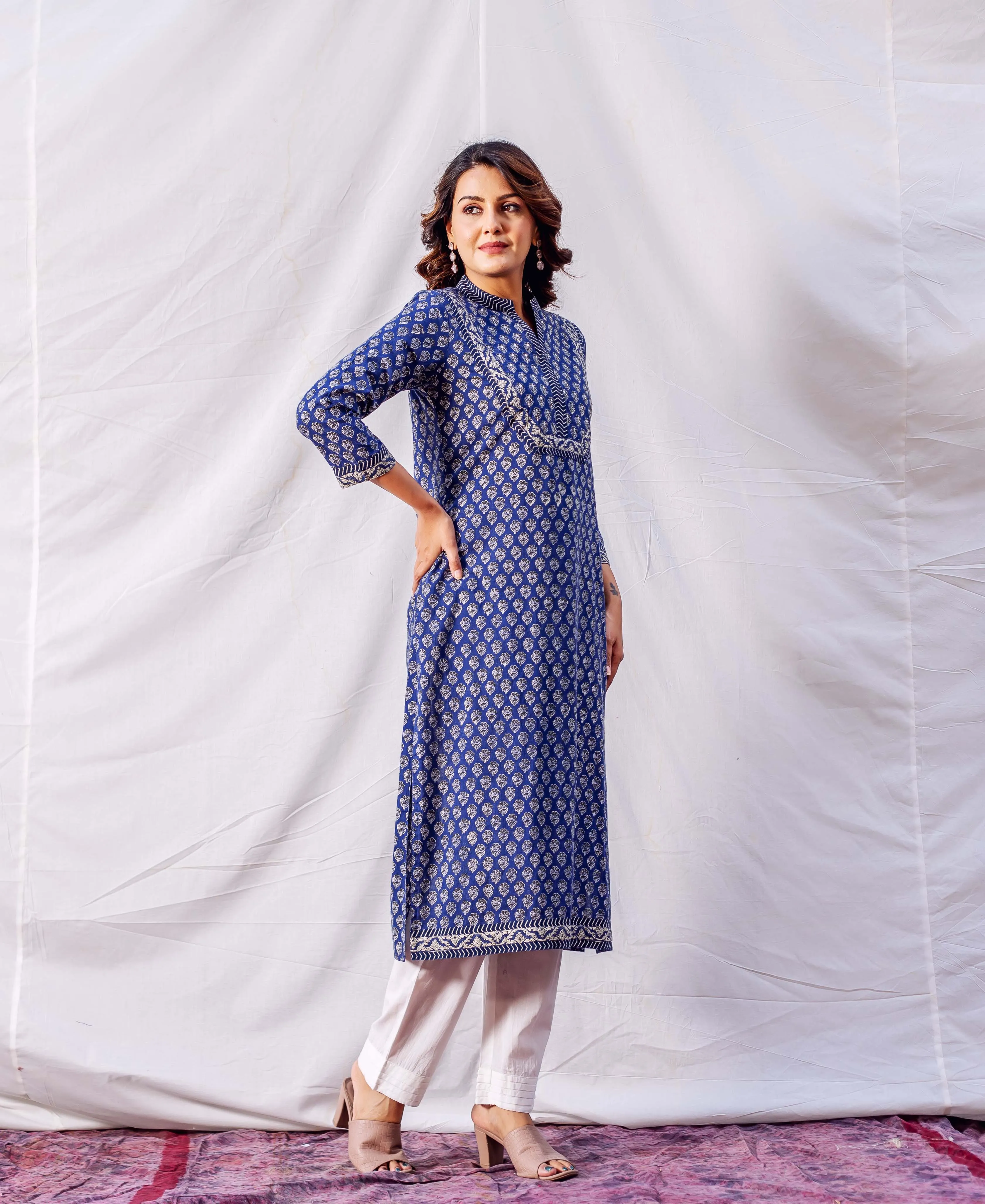 Indigo Hand Block Printed & Embroidered Straight Kurta