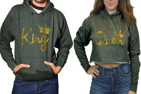 King Queen Couple Matching Ladies Crop Top Hoodie and Mens Pullover Hoodie. Gold Foil Design