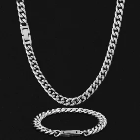 KRKC 8mm Mens Miami Cuban Link Chain and Bracelet Set in White Gold