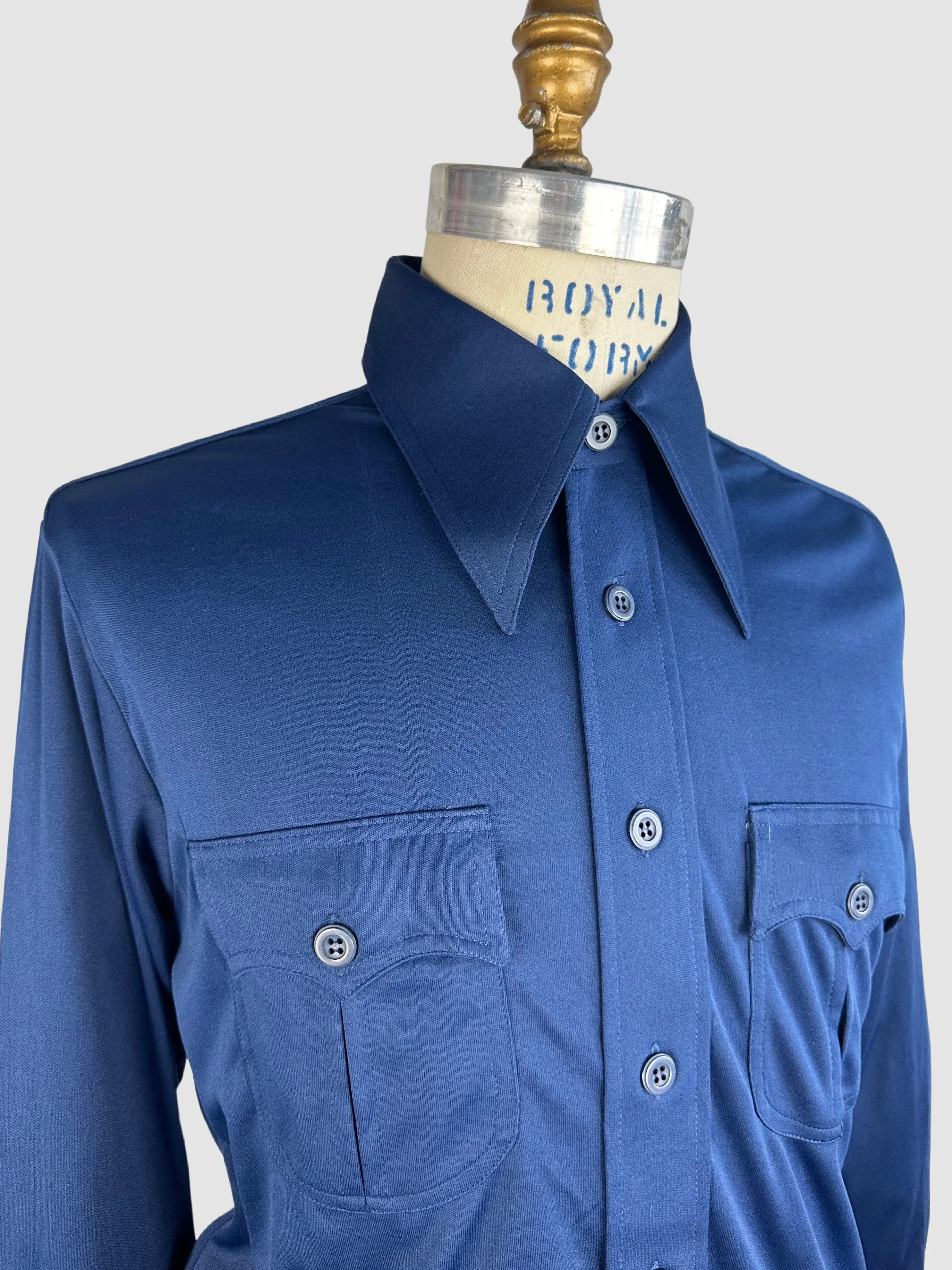 MARTINI 70s Deadstock Blue Polyester Disco Shirt  Medium