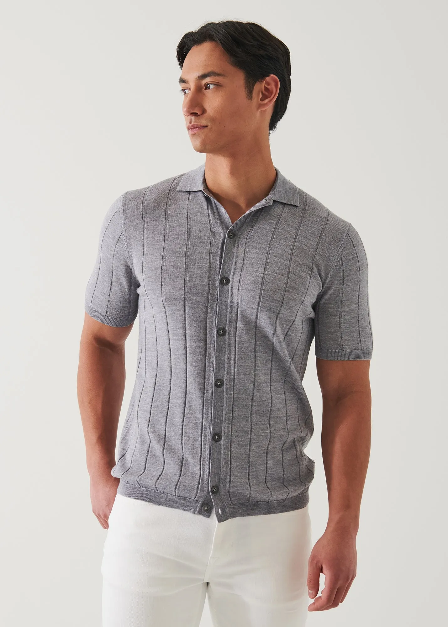 MERINO WOOL-SILK BLEND KNIT BUTTON UP