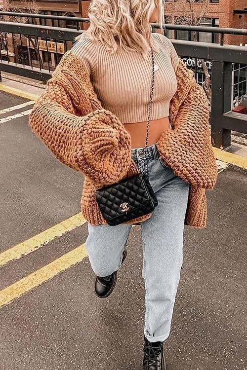 Mohair Chunky Oversized Cable Knit Baggy Sleeve Cardigan Sweater